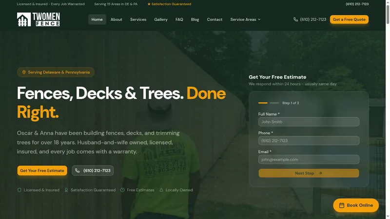 Two Men Fence website homepage showing fences, decks, and tree services