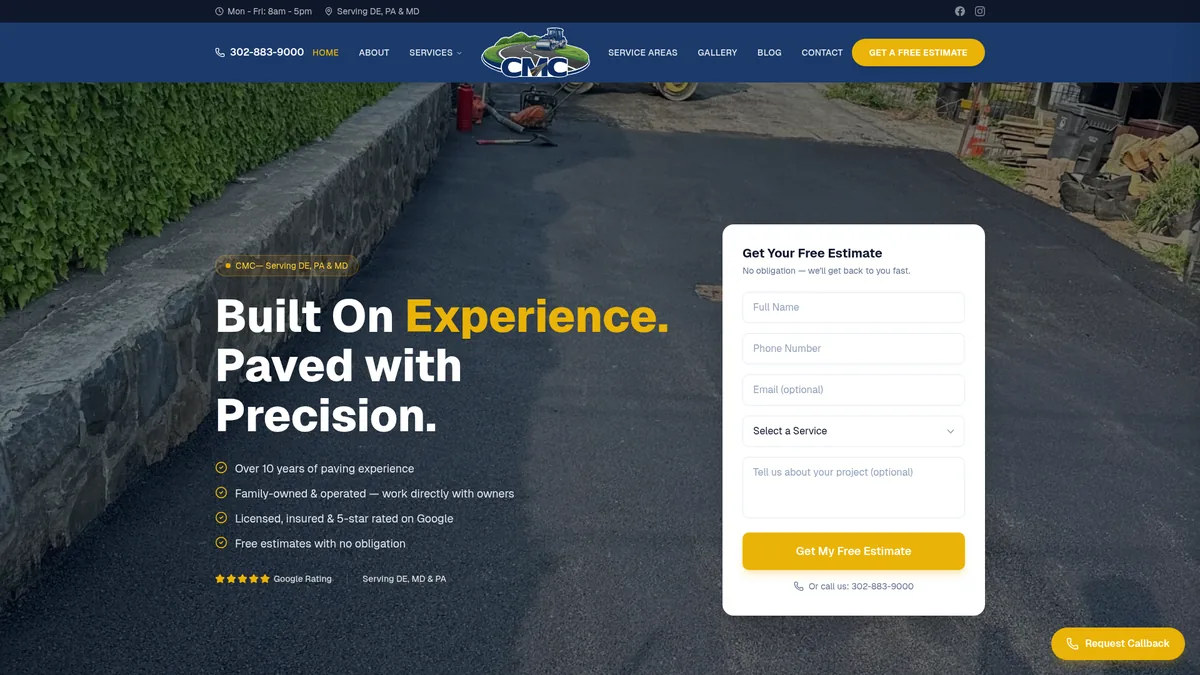 Campos Mora Construction asphalt paving contractor website homepage