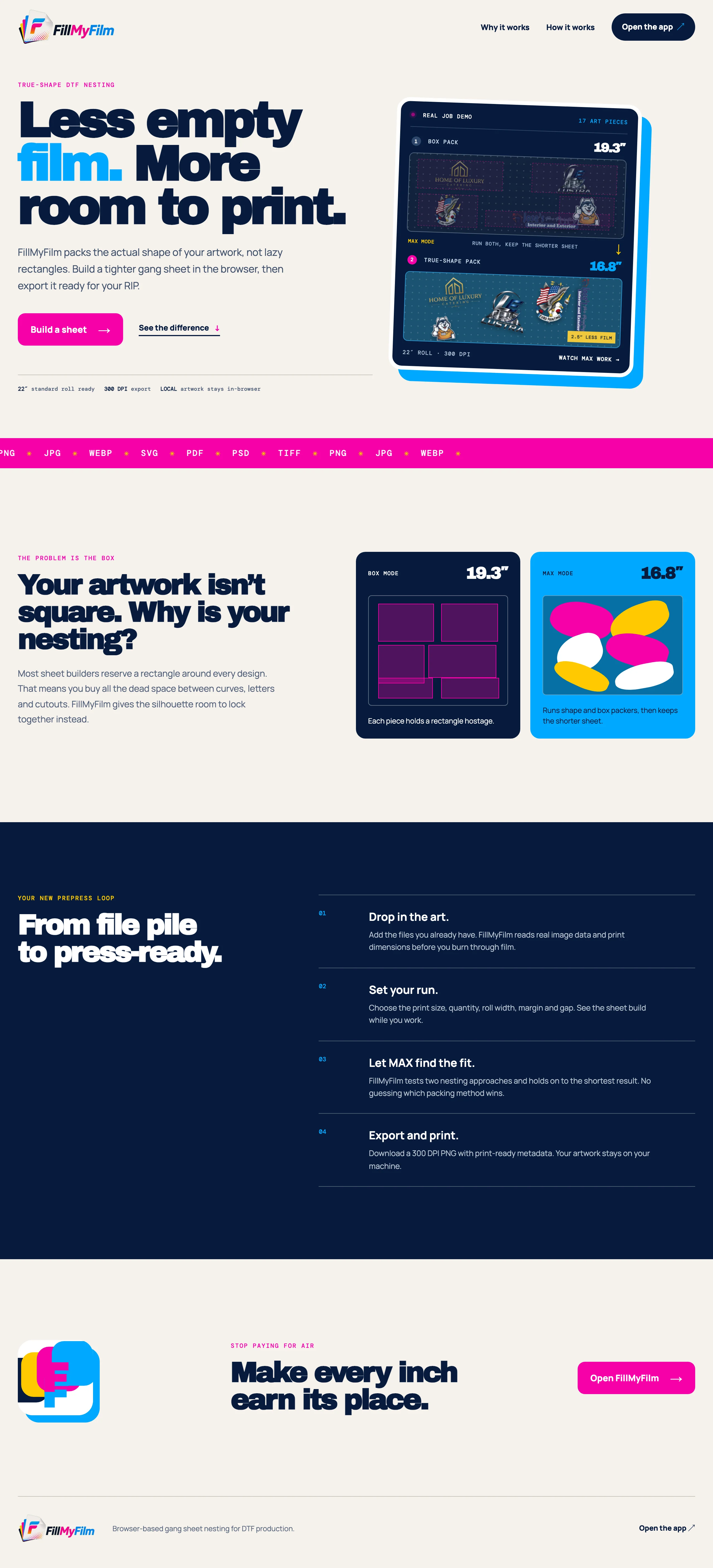 FillMyFilm browser-based DTF gang sheet nesting software