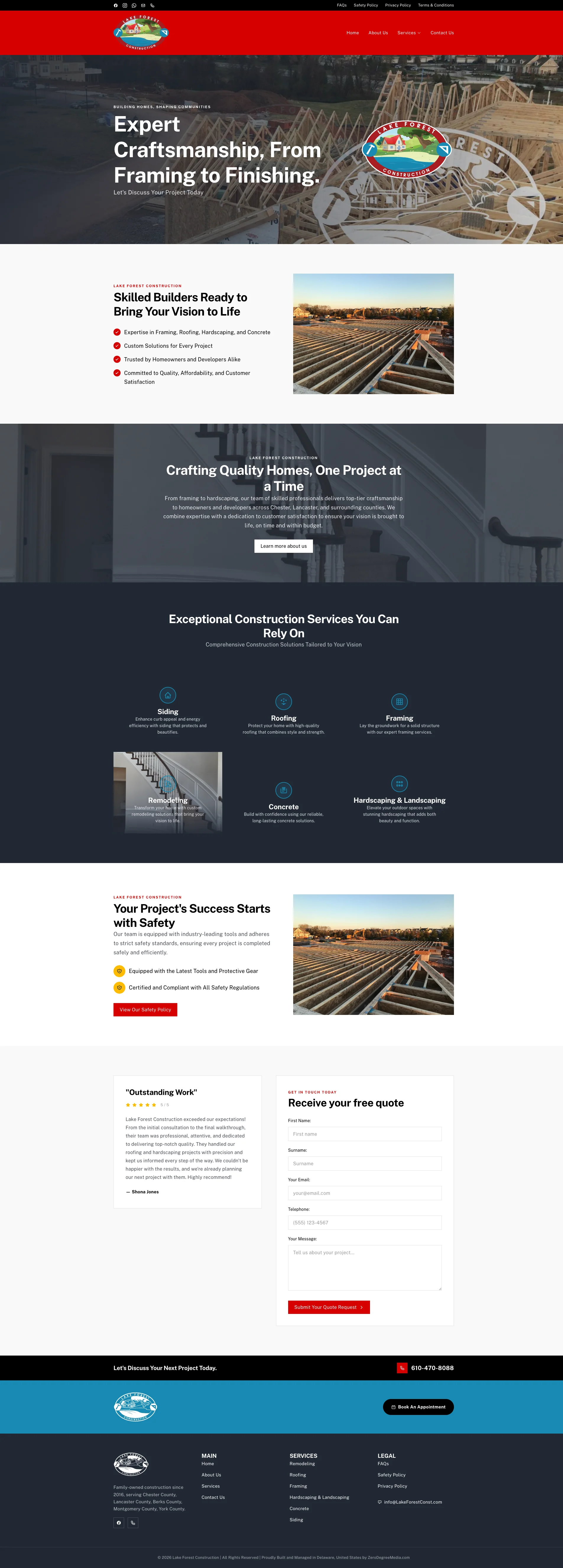 Lake Forest Construction website homepage on desktop and mobile