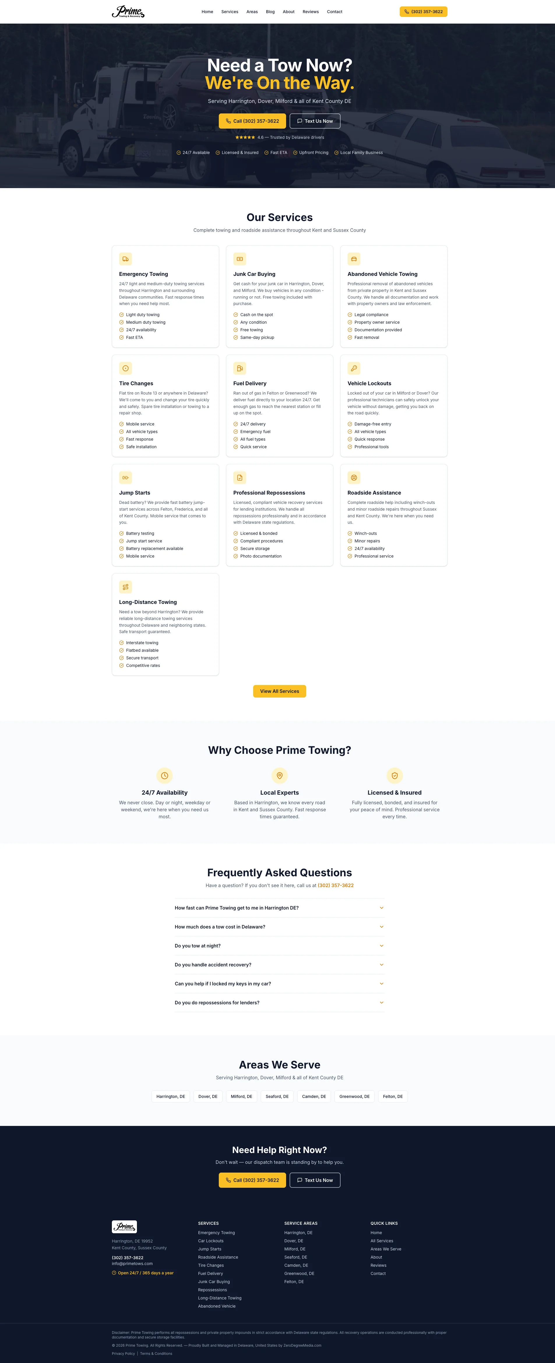 Prime Towing website homepage on desktop and mobile